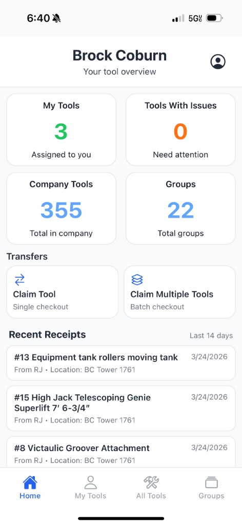 Home dashboard showing tool counts, transfers, and recent receipts