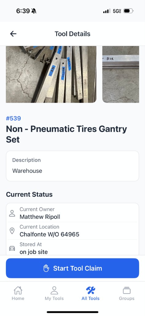 Tool Details screen showing custody, location, and stored at information